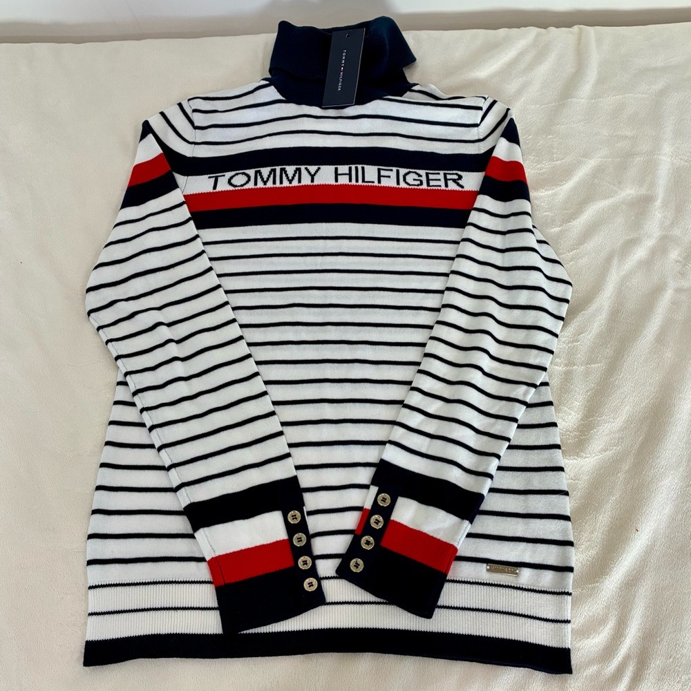 NWT Tommy Hilfiger Women's Turtleneck Sweater Small Striped Nautical Logo Top - Picture 2 of 6